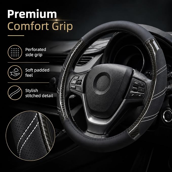 Sport Leather Steering Wheel Cover 14 1/2 inch to 15 inch Universal, Padded Soft Grip Breathable for Car Truck SUV Jeep, Anti Slip Odorless Carbon Fiber Black