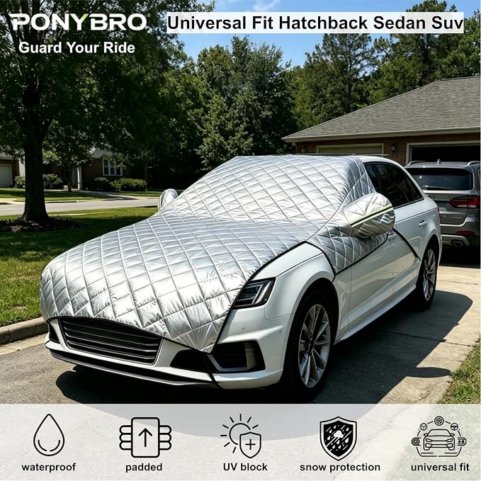 Padded Windshield Sun Shade Hood Cover Universal Fit Sedan SUV | Waterproof Windshield, Driver Side Window and Engine Hood Shield, All Weather Vehicle Guard Against UV Rays, Snow, Ice, Hail