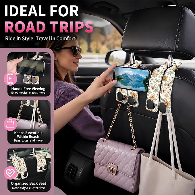 Car Seat Back Storage Hook, Funny Car Purse Hook, Cute Vehicle Storage Organizer for Purses Handbags Orange Floral Dragonfly