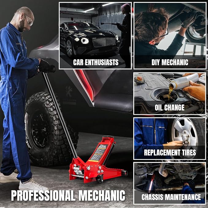 3 Ton Low Profile Hydraulic Floor Jack, Dual Pump 6600lbs Heavy-Duty Steel, 3.125"-20" Lift for Cars/Trucks/SUVs w/Overload Protection & 1-Yr Warranty