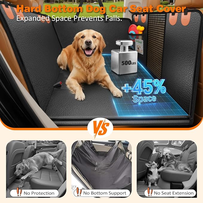 2026 Upgraded Large Dog Backseat Extender for Extended Cab Trucks, Hard Bottom PU Leather Dog Car Seat Cover for Back Seat Holds 500lbs, Waterproof Dog Hammock Pet Rear Seat Protector
