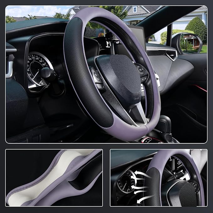 D Shaped Steering Wheel Cover for 14.5-15 inch Flat Bottom Wheels, Breathable Perforated Microfiber Leather, Anti-Slip Grip, Universal Fit for Cars & SUVs, Black and Light Purple