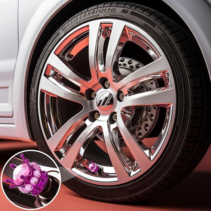 4PCS Crown Bling Tire Stem Valve Caps, Crystal Diamond Car Wheel Tire Valve Caps Universal Copper Core Stem Covers for Cars, SUV, Trucks, Bikes, Motorcycles, Bicycles (Purple & Pink)
