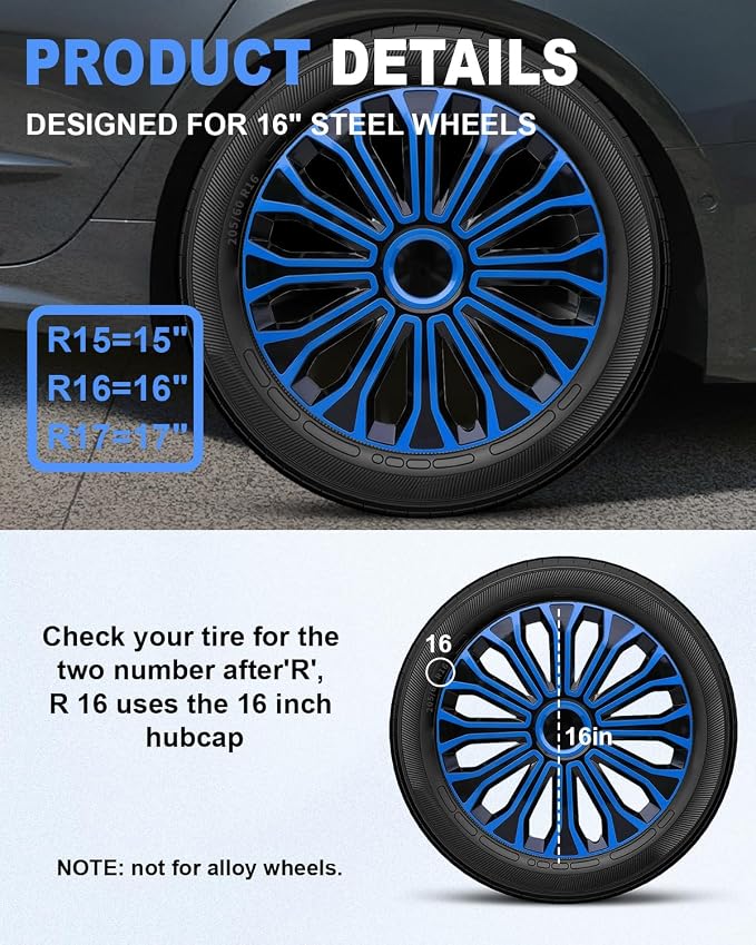 Hubcaps,16 inch hubcaps Set of 4, Wheel Rim Cover ABS Material, Snap On Car Truck SUV Replacement, for Toyota Camry Nissan Mazda etc, Black&Blue