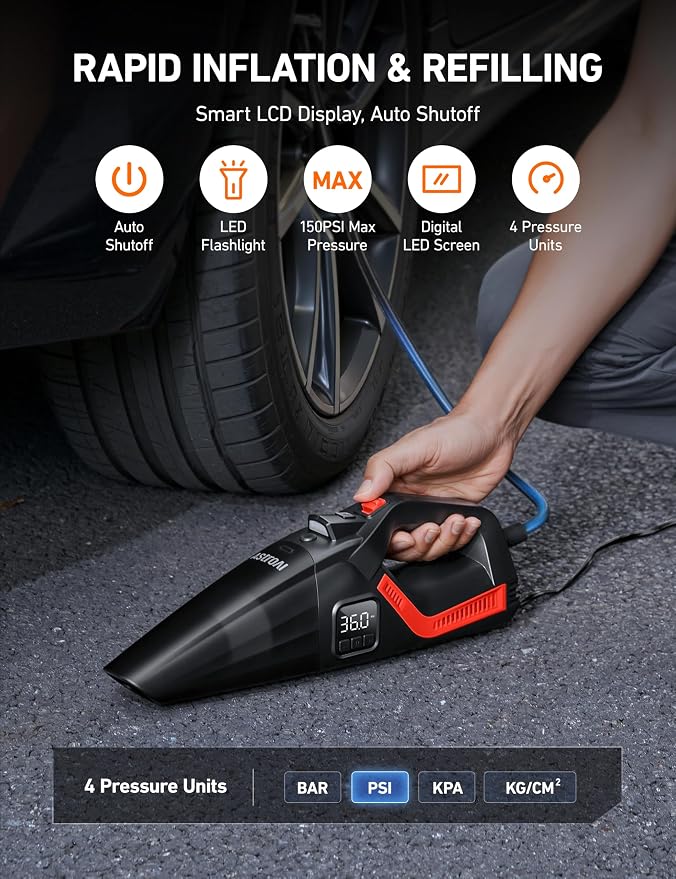 4-in-1 V3 12V DC High Power Handheld Car Vacuum Cleaner for Car,Home,Pet Hair Cleaning, 150 PSI 16.4FT Cord Digital Pressure Gauge & LED Light Portable Tire Inflator for Cars,Bikes,SUVs,Balls