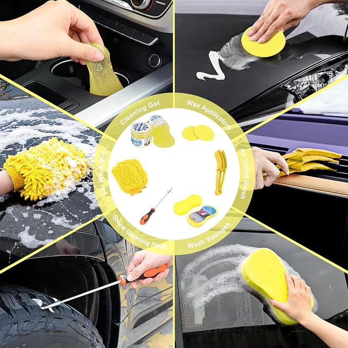 37PCS Car Detailing Kit Auto Cleaning Tools Wash Set with Storage Carry Bag Home Use for Interior Exterior Deep Clean Car Care Windshield Dashboard Seat Air Vents Wheels Tires, Yellow