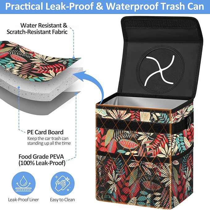 Car Trash Can Bin for Back Seat Leak Proof, Cute Car Trash Bag Hanging, Vehicle Trash Can for SUV Truck Van, Automotive Garbage Cans Front Seat Red Leaves