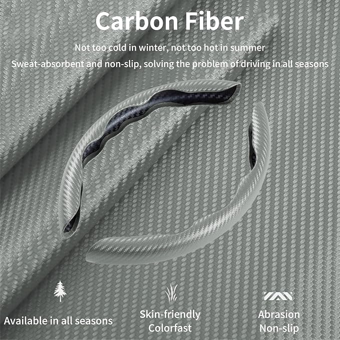 2Pc Carbon Fiber Steering Wheel Cover Universal Fit 99% Cars | Non-slip soft grip, easy to wipe clean, quick to install, perfect for daily commutes and road trips, Gray