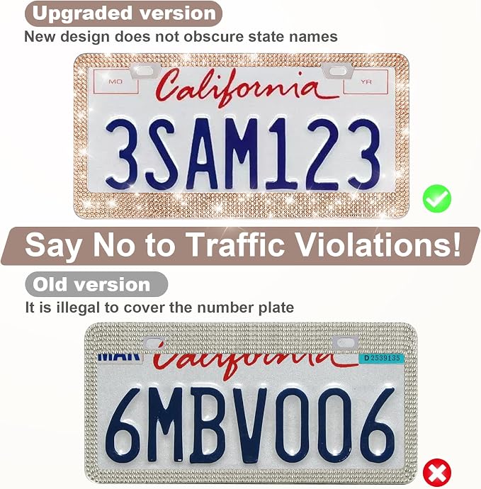 2 Pack Bling License Plate Frames for Women, Sparkly Rhinestone Diamond Car Accessories with Glitter Crystal Caps (Champagne)
