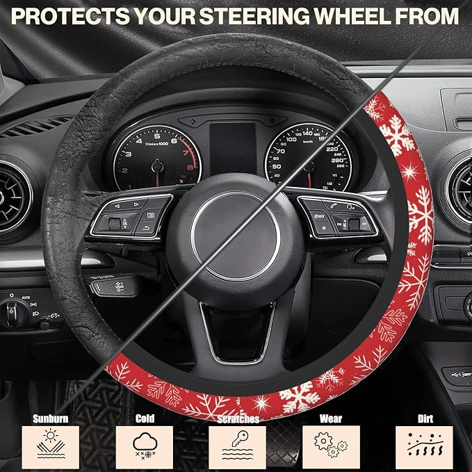 Christmas Snowflakes Steering Wheel Cover, Elastic Non-Slip Steering Wheel Protector,Auto Interior Decor for Women Girls,Universal 15" Fit for Sedans,Trucks