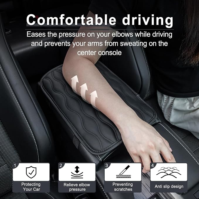 Car Center Console Cover, Upgraded Leather Car Armrest Cushion, Universal Waterproof Cushion Pad, Non-Slip Car Interior Accessories, Fits Most Sedans SUVs Trucks (Black)
