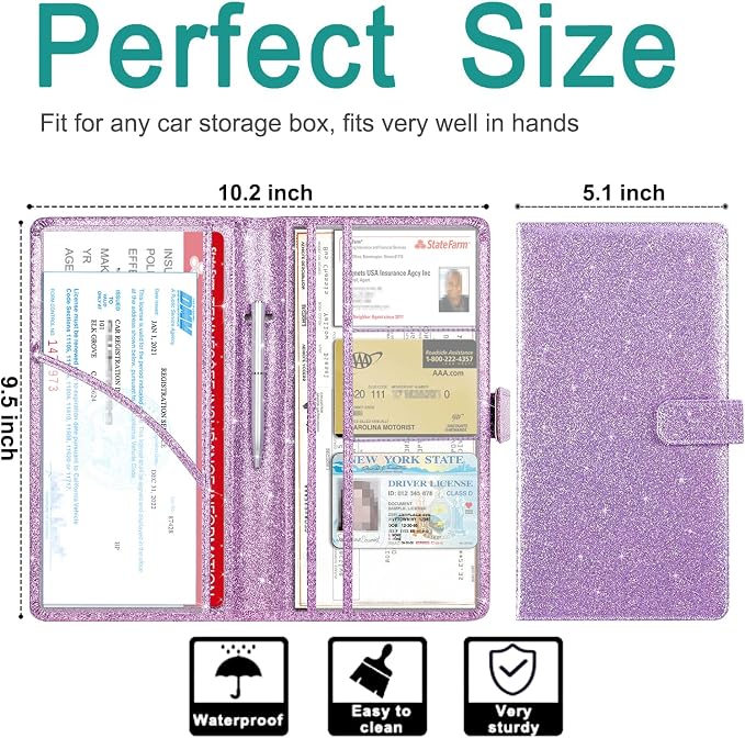 Car Registration and Insurance Holder, Vehicle Car Glove Box Organizer, Cool Car Accessories for ID, Driver License Cards & Essential Document, Men&Women, Purple Glitter