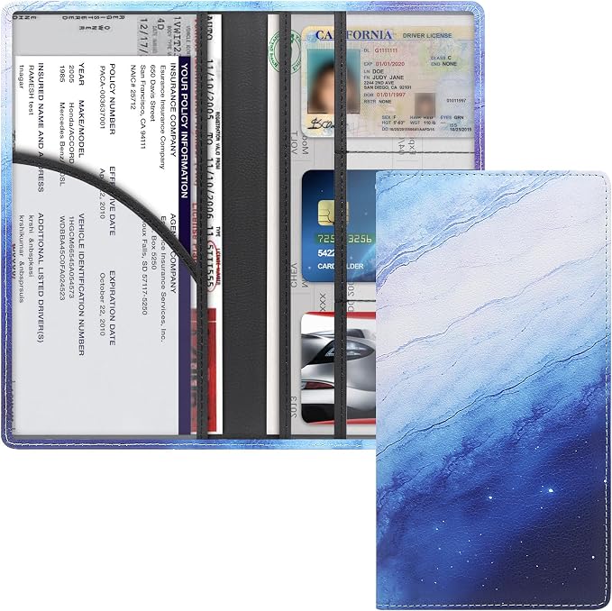 Premium Car Registration & Insurance Card Holder with Magnetic Shut, Vehicle Glove Box Car Organizer - For Documents, Cards, License (Marble)