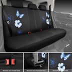 Blue Butterfly Car Seat Covers Full Set, Embroidered Flower Waterproof Car Floor Mats Carpet, Butterflies Steering Wheel Cover for Universal Car Accessories Interior Sets (Black and Blue)