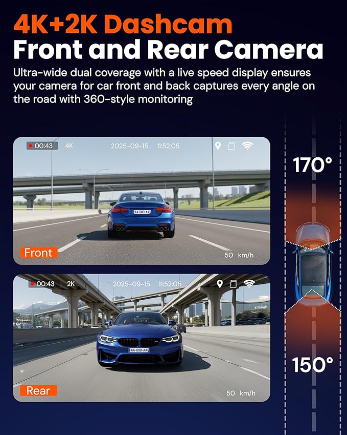 TD3 4K+2K Dash Cam with App, Camera for Car Front and Back with 5G WiFi & GPS, Free 64GB Card, Night Vision Dashcam Front Cameras 24/7 Recording When Car is Off, Security Camera for Cars