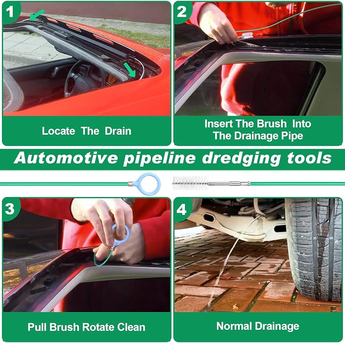 Auto Sunroof Drain Cleaning Tool,118Inch Long Pipe Cleaner for Car,Flexible Tube Cleaning Brush with 2Pcs 7.9inch Cleaning Brush Skinny Pipe Drain Dredge Cleaning Tool for Car Sunroof Wiper Drain Hole