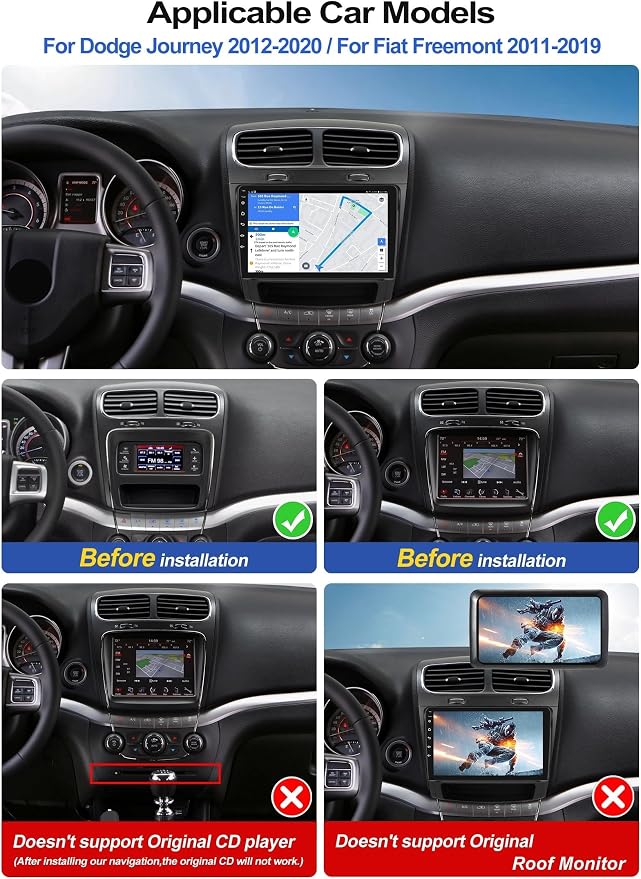 4G+128G Car Radio Stereo for Dodge Journey 2012-2019 with Wireless Carplay Android Auto Android 15 Radio 9" 1280 * 720 Touch Screen Head Unit with GPS Bluetooth WiFi FM RDS Backup Camera