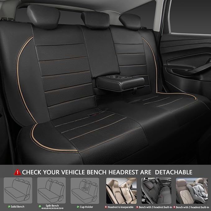 Universal FIT Piping Leather Car Seat Cover, for suvs,Van,Trucks,Airbag Compatible,Inside Zipper Design and Reserved Opening Holes (Full Set, Black and Beige)
