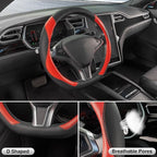 D Shaped Steering Wheel Cover, Flat Bottom Car Wheel Cover 14 1/2-15 in. (37-39 cm), Black and Red Microfiber Leather