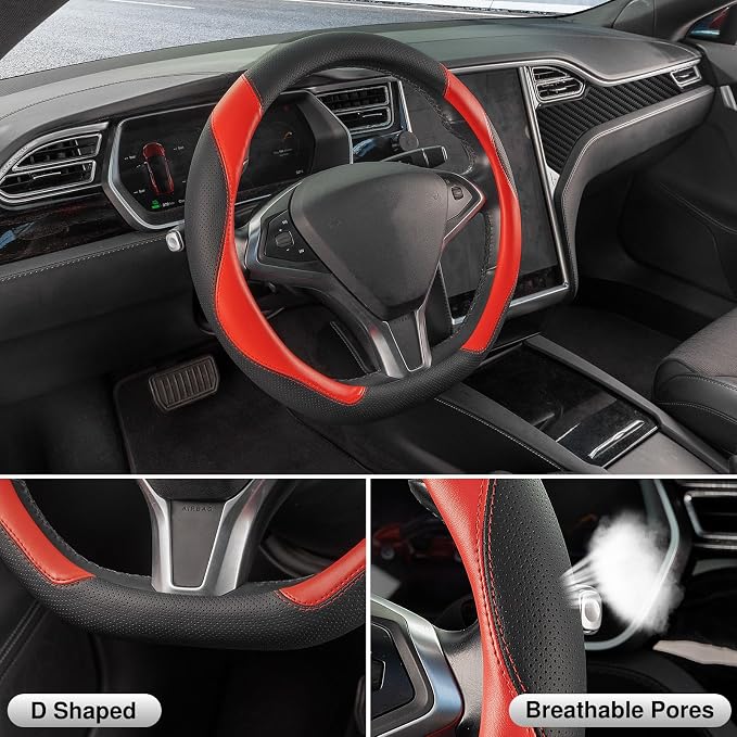 D Shaped Steering Wheel Cover, Flat Bottom Car Wheel Cover 14 1/2-15 in. (37-39 cm), Black and Red Microfiber Leather