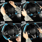 Black Blue Microfiber Leather D Shaped Steering Wheel Cover | Breathable Anti Slip Grip Cool Sporty Look Glow for Women Men