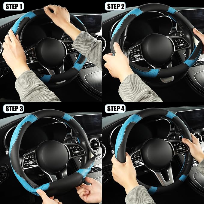 Black Blue Microfiber Leather Steering Wheel Cover 15 inch | Breathable Anti Slip Grip Cool Sporty Look Glow for Women Men