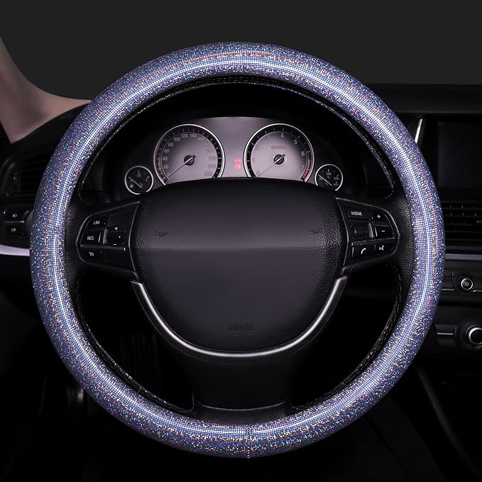 Bling Steering Wheel Cover, Bling Crystal Rhinestone Car Steering Cover Universal 14.2-15.3 inch Glitter Car Wheel Cover Sparkling Accessories （Blue）