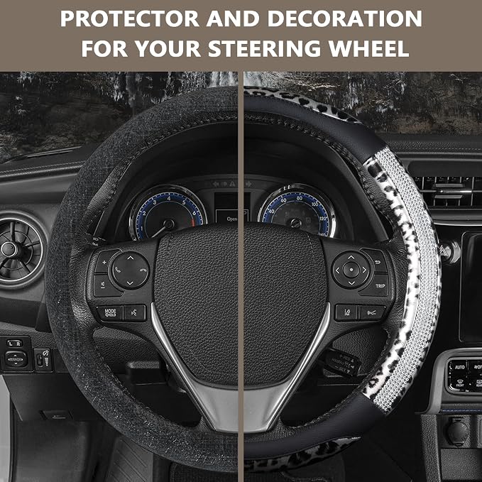 Leopard Steering Wheel Cover - Bling Crystal Rhinestones Cheetah Print on Leather Non-Slip Breathable Design for Women/Girls Universal Fit 14.5-15 Inch(Black & Silver)