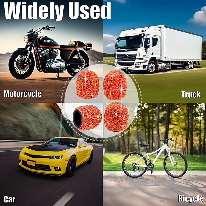 8PCS Bling Crystal Diamond Tire Stem Valve Caps, Dustproof Car Wheel Tire Valve Caps Universal Tire Valve Stem Covers for Cars, SUV, Trucks, Bikes, Motorcycles, Bicycles (Orange)