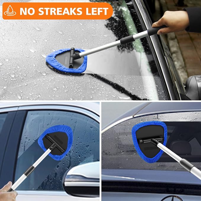 Windshield Cleaner Tool, 12Pcs Car Cleaning Kit, 23-inch Extendable Handle with 4 Microfiber Pads, Car Interior Detailing Brushes, All-in-One Inside Car Cleaning for Auto Detailing