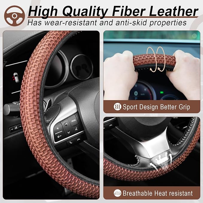 Elastic Stretch Steering Wheel Cover, Breathable Microfiber Ice Silk, Anti-Slip, Easy Carry, Universal Interior Accessories Steering Wheel Cover for Women & Men (Brown-Black)