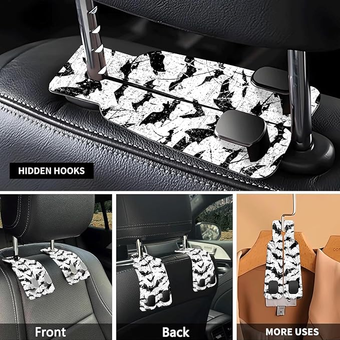 Car Seat Headrest Hook, Universal Leather Cute Hanger Holder Hook, Storage Organizer Interior Accessories for Purse Bags Handbag Black White Bats