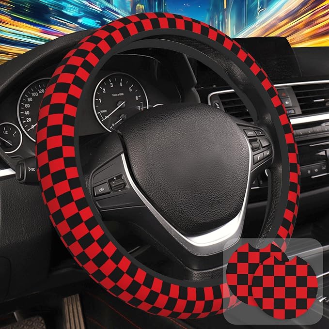 Black and Red Checkered Steering Wheel Cover with 2 Pcs Car Coasters Neoprene Steering Wheel Cover for Women Men Anti-Slip Breathable Car Accessories Universal 15 Inch Fit Auto Cars Trucks