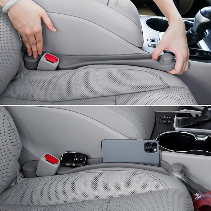 Car Seat Gap Filler Set of 2, 3IN1 Seat Side Gap Filler Plug with Storage Slot & Hook Function, Soft Foam Universal Fit Car SUV Truck Fill Gap Between Seats Console Organizer（Narrown Gray）
