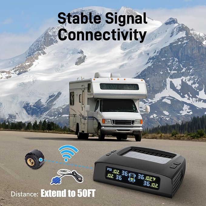 TM2 RV Tire Pressure Monitoring System, Solar Charge TPMS, 6 Sensors & 5 Alarm Modes, Color Display, W/Repeater for Longer Distance Transmission, 0-144 PSI for RV Trailer Camper Fifth Wheel