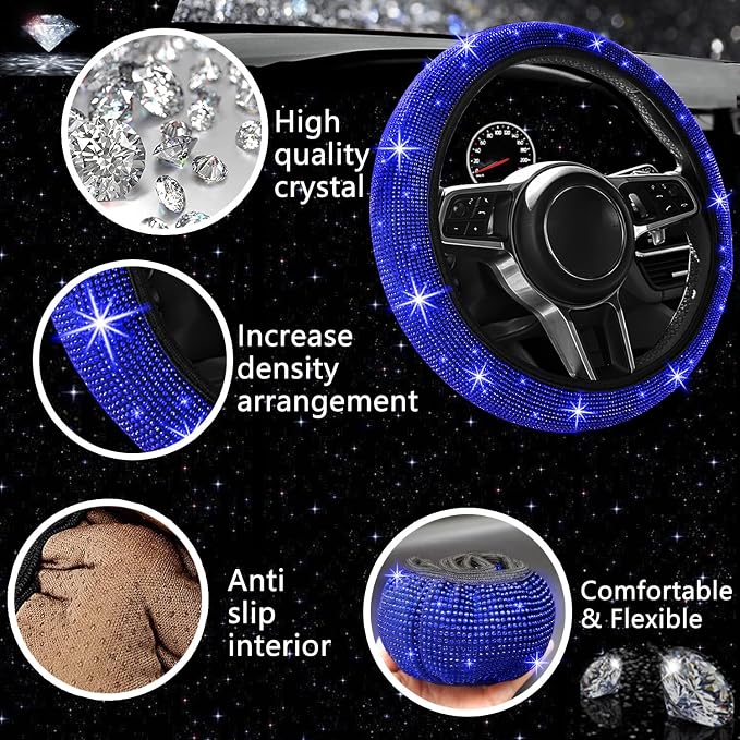 27 PCs Blue Bling Car Accessories Set for Women, Steering Wheel Covers Universal Fit 15 Inch, Bling License Plate Frame, Bling Phone Holder, Bling Car Coasters (Blue Diamond)