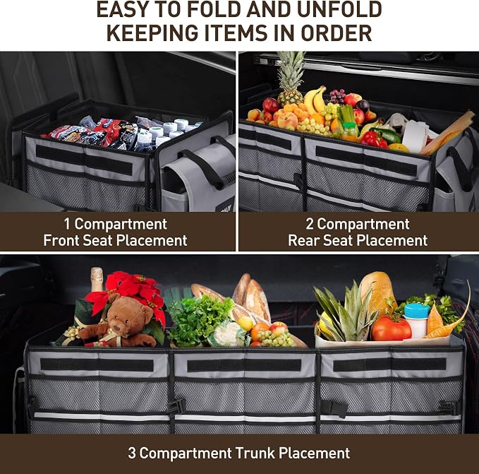 4 in 1 Car Trunk Storage Organizer with Leakproof Cooler Bag, Multi-Compartment Foldable Trunk Storage Box for Car Truck SUV Gray