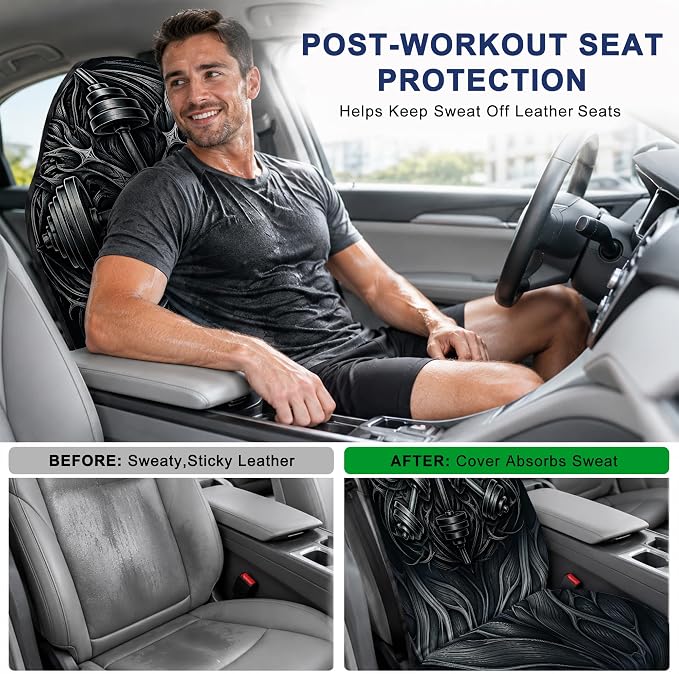 Car Seat Towel Cover 2 Pack for Front Seats, Sweat Absorbent Car Seat Protector with Non-Slip Backing, Waterproof Towel Car Seat Covers for Runners, Gym, Swimming, Beach, Pets, Iron Dumbbell