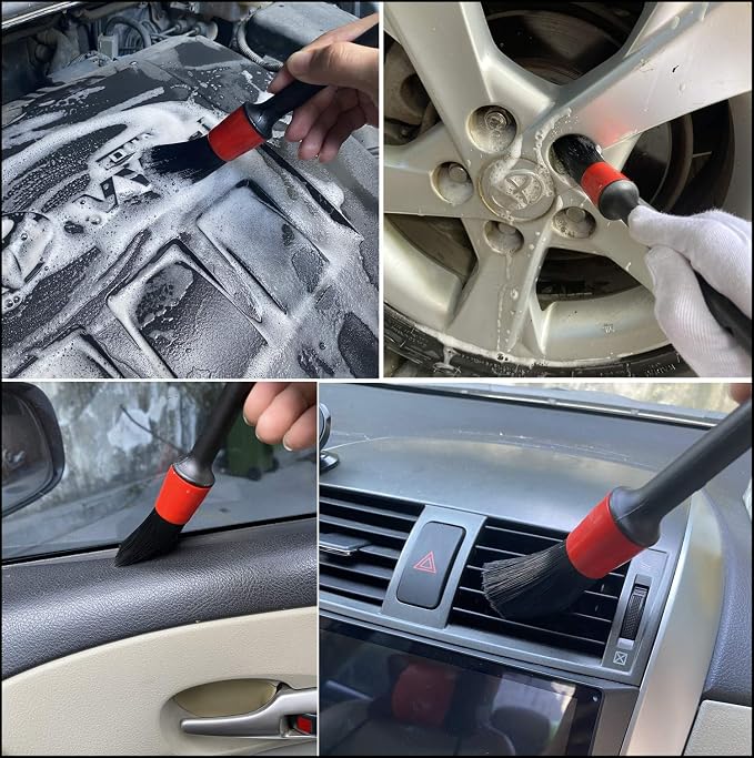 7Pcs Wheel & Tire Brush, car Detailing kit, 17inch Long Soft Wheel Brush 5 car wash Detail Brush car wash kit for Cleans Dirty Tires & Releases Dirt and Road Grime, Short Handle