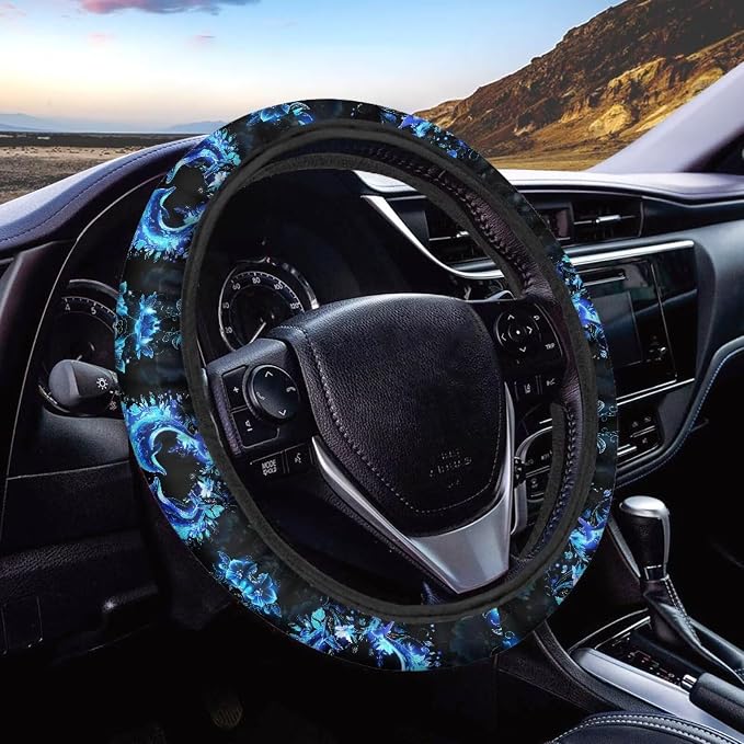 Glow Dolphin Totem Flower Steering Wheel Cover, Universal Fit for 15 Inch Vehicles, Polyester Material, Anti-Slip Car Wheel Protector