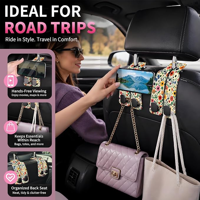 Car Seat Back Storage Hook, Funny Car Purse Hook, Cute Vehicle Storage Organizer for Purses Handbags Colorful Floral Pattern