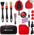 Windshield Cleaner Tool, 17Pcs Red Car Interior Detailing Kit – Stay in Seat, Inside & Out Streak-Free Clean, with Extendable Handle, Cleaning Gels & Brushes for Daily Cleaning, Pet Hair