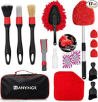Windshield Cleaner Tool, 17Pcs Red Car Interior Detailing Kit – Stay in Seat, Inside & Out Streak-Free Clean, with Extendable Handle, Cleaning Gels & Brushes for Daily Cleaning, Pet Hair