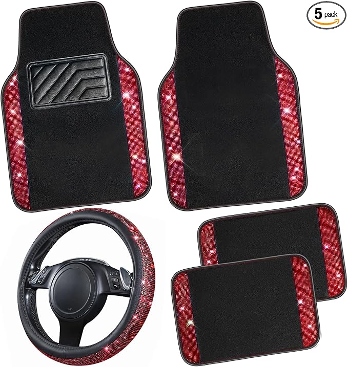 Bling Diamond Leather Steering Wheel Cover 14.5in-15in Floor Mats Shining Rhinestone Carpet Sparkly Glitter Crystal Anti-Slip Pad Fit Automotive SUV Pickup Truck Girl Women, 5pcs Black Red