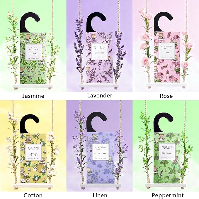 Large 12 Packs Hanging Scented Sachets Long-Lasting Closet Deodorizer Air Freshener Fabric Refresher Odor Eliminator for Drawer Home Fragrance Gift Set（6 Scents）