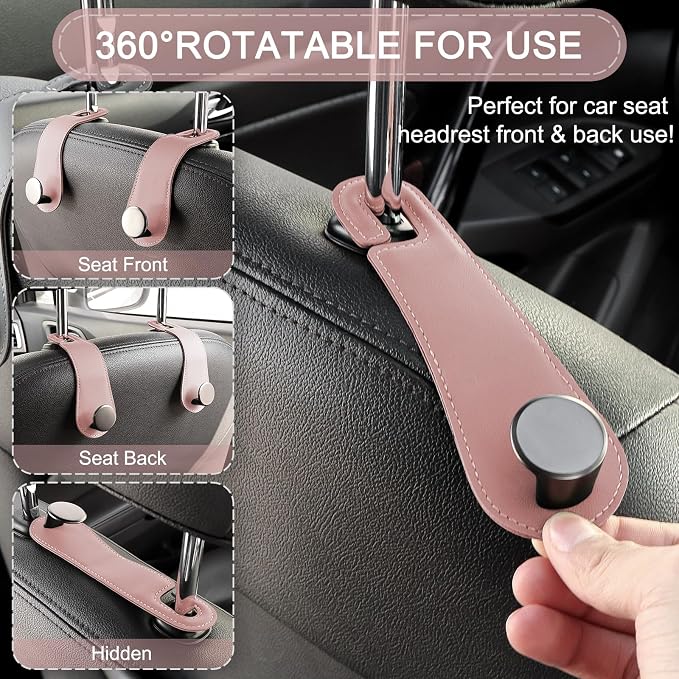 Leather Car Seat Storage Hanger, 2 Pack Stylish Hooks for Purses Bags, Coats Umbrellas, Pink