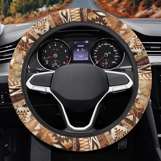 Auto Steering Wheel Cover Universal Stretch 15 Inch Anti-Slip Neoprene Car Steering Wheel Protector for Women Men, Aztec Navajo Geometric Brown