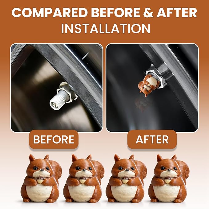 Squirrel Tire Valve Stem Caps – Cute Squirrel with Acorn Valve Caps for Car, Bike, Truck, Motorcycle – Funny Animal Tire Caps Set – Universal Schrader Valve Covers Accessories