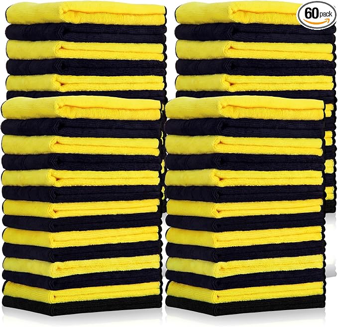 60 Pcs Microfiber Towels: 16"x16" Microfiber Drying Towels Bulk Micro Fiber Car Cleaning Cloth for Cars Drying Washing Polishing Cleaning Household Supplies (Black,Yellow)