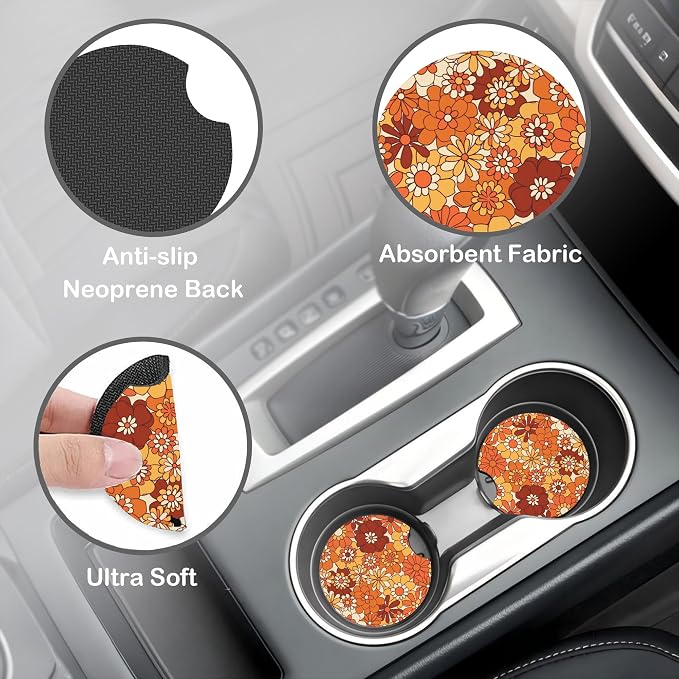 Boho Orange Flowers Steering Wheel Cover with 2 Pcs Car Coasters Neoprene Steering Wheel Cover for Women Men Anti-Slip Breathable Car Accessories Universal 15 Inch Fit Auto Cars Trucks